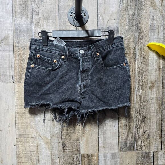 Levis 501 Black Distressed Button Fly High Rise Denim Shorts - Picture 1 of 5